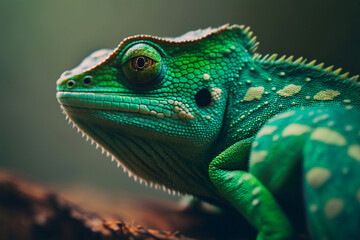 Obraz premium Green colored chameleon close up. Generative AI