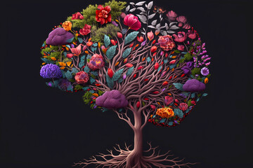 Human brain tree with flowers. Generative AI