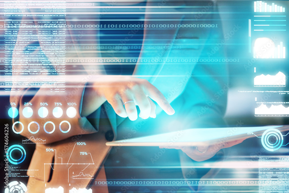 Poster Code overlay, business woman hand and tablet of a it worker with crypto coding and programmer work. Information technology graphic, digital cybersecurity and 3d programming in a office on tech