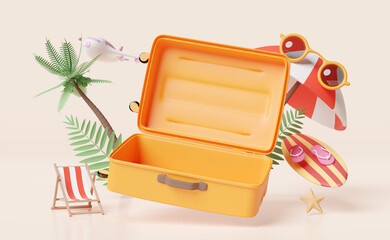 summer travel with open empty suitcase, beach chair, sunglasses, surfboard, umbrella, coconut tree isolated on orange background. concept, 3d illustration render, clipping path