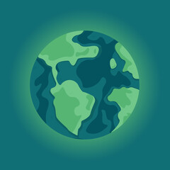 Happy earth day. Earth, green globe on a green background. Ecology and environmental protection. Can be used as a postcard or for printing. Vector illustration in flat cartoon style.