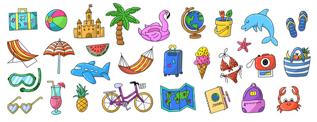 Set of cute summer icons summertime poster collection scrapbooking elements beach party vector illustration isolated on a white background