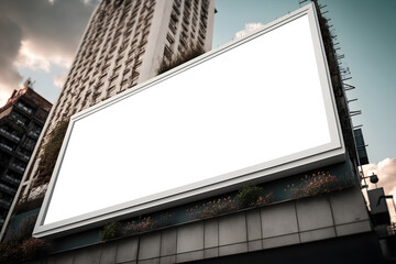 Blank landscape billboard on wall with buildings in background, Empty billboard on building , advertisement space for your marketing or promotion, Outdoor wall billboard in modern city - obrazy, fototapety, plakaty