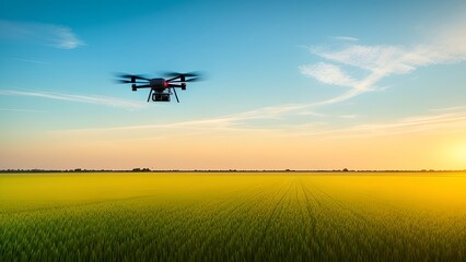 Drone flies over a field with a harvest, Generative AI