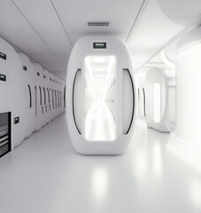 Futuristic white cosmic interior capsule hotel
