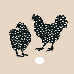 Speckled hen and cock couple, dappled chicken with funny hand drawn texture isolated on grey. Easter design element, vector illustration. © Toltemara