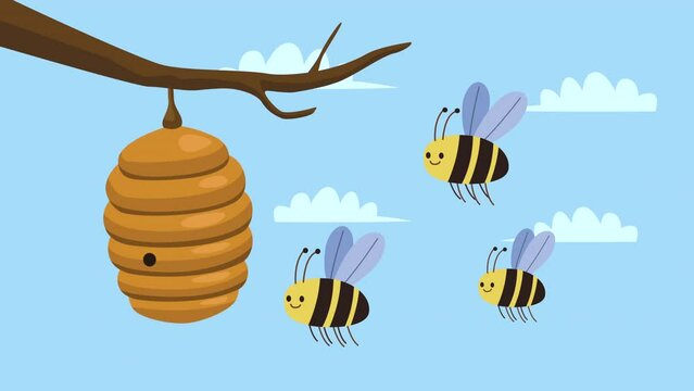 bees insects flying and honeycomb animation