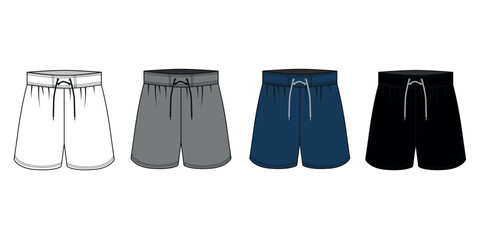 Set of vector drawings of sports shorts on a drawstring in blue, gray, black, white colors. Sports shorts template, front and back view. Shorts for football, tennis, boxing, fitness, swimming, etc.