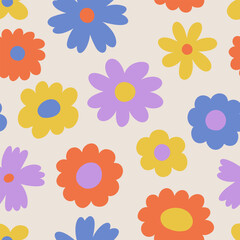 Fototapeta na wymiar Seamless pattern groovy aesthetic. Spring mood. Cute flowers. Retro background for design and card, covers, package, wrapping paper.