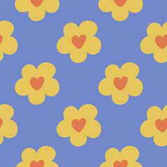 Seamless pattern groovy aesthetic. Spring mood. Cute flowers. Retro background for design and card, covers, package, wrapping paper.