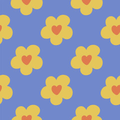 Seamless pattern groovy aesthetic. Spring mood. Cute flowers. Retro background for design and card, covers, package, wrapping paper.