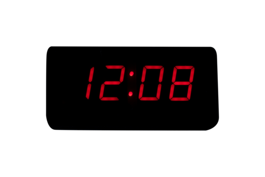 Digital alarm clock time LED red number on black digital electric isolated on cutout PNG. time symbol concept for celebrating the New Year.