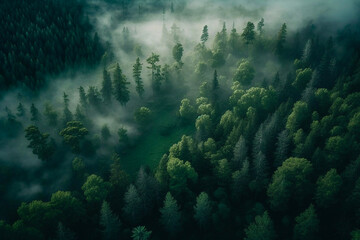 Fototapeta na wymiar Aerial view of trees in foggy forest as landscape background. Generative AI