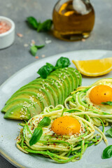 Plate with a keto diet food. paleo keto breakfast fried eggs, zucchini and avocado. Keto, paleo breakfast. vertical image. top view. place for text