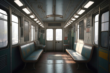 Inside empty subway car, metro car empty interior. Generative AI