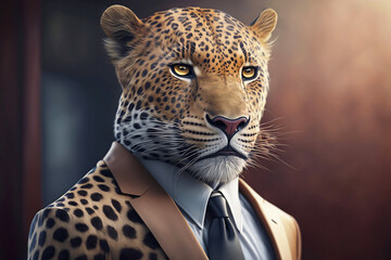 Portrait of leopard in a business suit. Generative AI