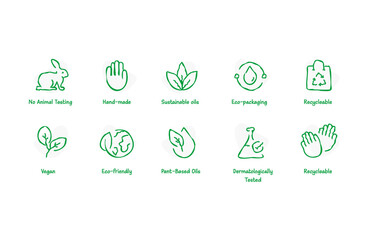 Eco-friendly related thin line icon set in minimal style. Linear ecology icons. Environmental sustainability simple, set of icons of eco friendly food icons