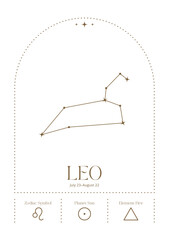 leo constellation wall art, retro zodiac poster, minimalistic astrology print, star sign card, line art spiritual poster © Yana