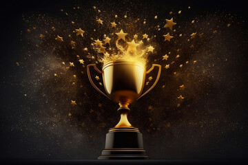 Champion Golden Trophy with Exploding Gold Glitters and Stars against black background. Generative AI
