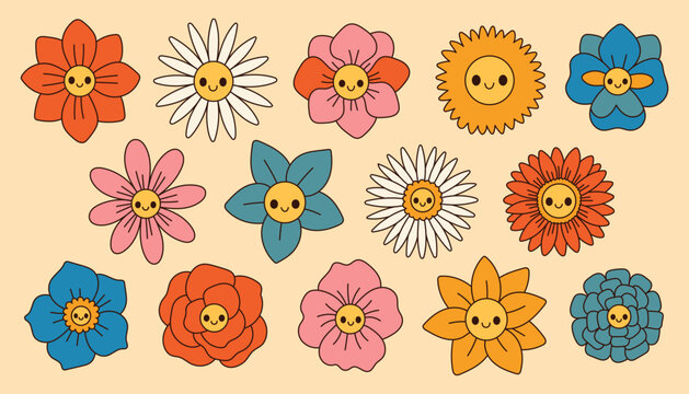 Groovy flowers set. Retro 70s smiling face flowers graphic elements isolated collection. Retro vintage flowers