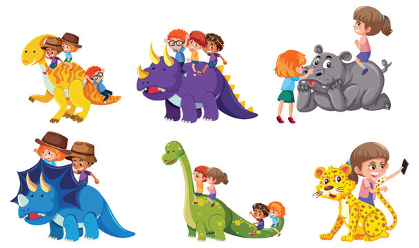 Set of children cartoon character riding dinosaur