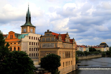 View from Charles Bridge to Museum of Smetana in Old Town Prague on Vltava River. The museum is...