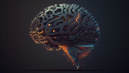 High tech, futuristic AI brain on a dark background, featuring advanced technology. Generative AI