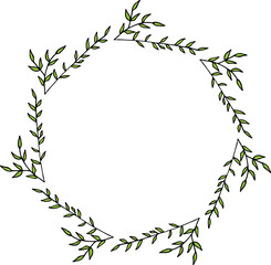 Round frame with stylish green branches on white background. Vector image.