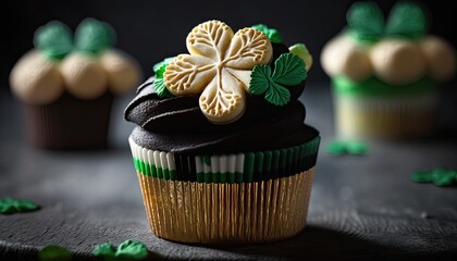 chocolate cupcakes with frosting, st. patrick's decor, shamrock, close-up, generative AI