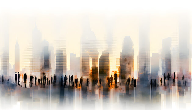 Abstract image of many business people together in group on background of city view with office building. AI generative