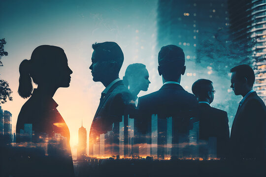 Abstract Image Of Many Business People Together In Group On Background Of City View With Office Building. AI Generative