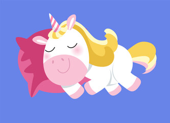 Cute isolated unicorn sleep on pillow. Cartoon character animal horse for design. Vector illustration. Color pony.