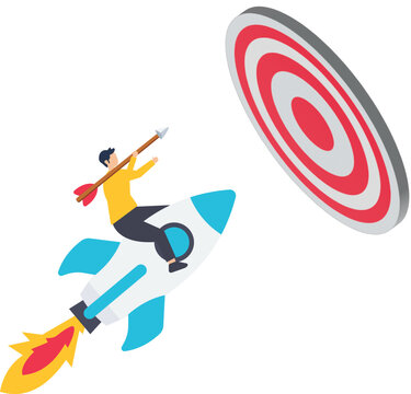 Businessman reach towards success target, work achievement, cooperation to success, leadership or challenge illustration, businessman riding on the rocket to reach target or achieve goal concept
