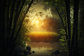 Asian bamboo forest during sunset