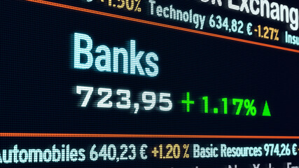 Obraz premium Bank sector, stock exchange trading floor. Stock market data, banks price information and percentage changes on a screen. Stock exchange, business and sector trading concept. 3D illustration