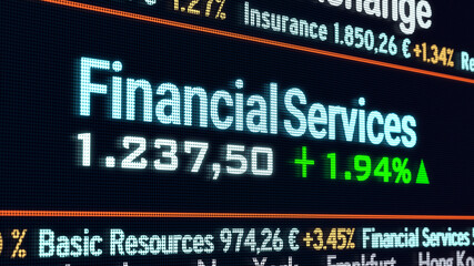 Financial Services sector, stock exchange trading floor.Stock market data, financial services price and percentage changes on a screen. Stock exchange, business and trading concept. 3D illustration