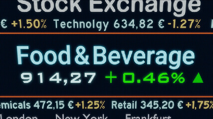 Food and Beverage sector, stock exchange trading floor. Stock market data, food and beverage price and percentage changes on a screen. Stock exchange, business and trading concept. 3D illustration