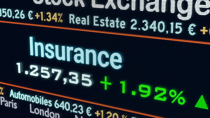 Insurance sector, stock exchange trading floor. Stock market data, insurance price information and percentage changes on a screen. Stock exchange, business and sector trading concept. 3D illustration