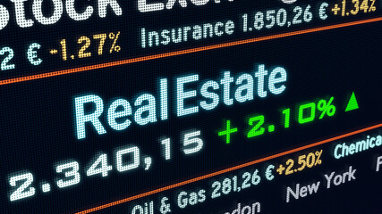 Obraz premium Real estate sector, stock exchange trading floor. Stock market data, real estate price and percentage changes on a screen. Stock exchange, business and sector trading concept. 3D illustration