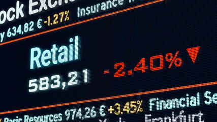 Retail sector, stock exchange trading floor. Stock market data, retail business price and percentage changes on a screen. Stock exchange, business and sector trading concept. 3D illustration
