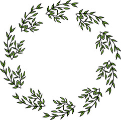 Round frame with beautiful green branches on white background. Vector image.