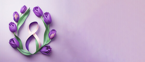 Number 8 with violet ribbon and tulip flowers on light background. International Women's Day celebration. Wide angle format banner