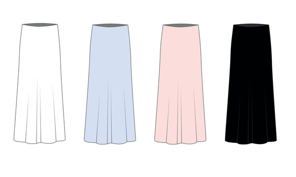 Set of vector drawings of a long silk skirt. Outline template for a long summer skirt. Midi skirt sketch, vector.