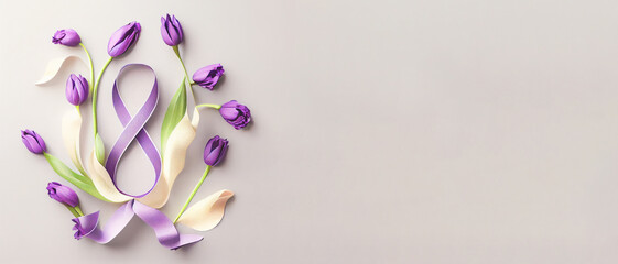 Number 8 with violet ribbon and tulip flowers on light background. International Women's Day celebration. Wide angle format banner - obrazy, fototapety, plakaty