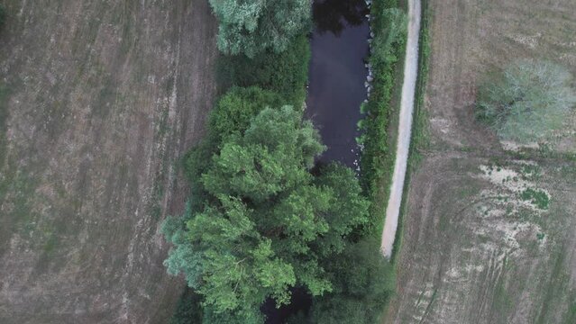 overview of a curvy river surrounded  of trees and a walking trail seen from the top.
Drone lineal forward shot.