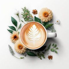 Fototapeta na wymiar Coffee Cup Top View Flat Lay, Cozy Breakfast, Flower Morning Coffee Mug, Abstract Generative AI Illustration