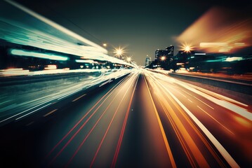 Fototapeta na wymiar Speed Light Trails on City Streets, Street Night Lights, Road Glow, Abstract Generative AI Illustration