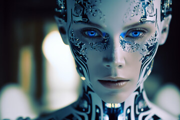 Porcelain white humanoid cyborg with blue glowing eyes. Android. AI - artificial intelligence concept. generative ai. Portrait of a futuristic android robot