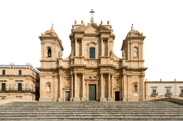 Fototapeta premium Noto Cathedral (Basilica and Cathedral of San Nicolo), isolated on white or transparent background. Sicilian and Baroque style. Syracuse province (Siracusa), Sicily Island, Italy, Europe. Png.