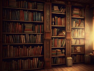 Old Library, Vintage Bookshelf, Ancient Bookcase, Antique Book Shop Abstract Generative Ai Illustration